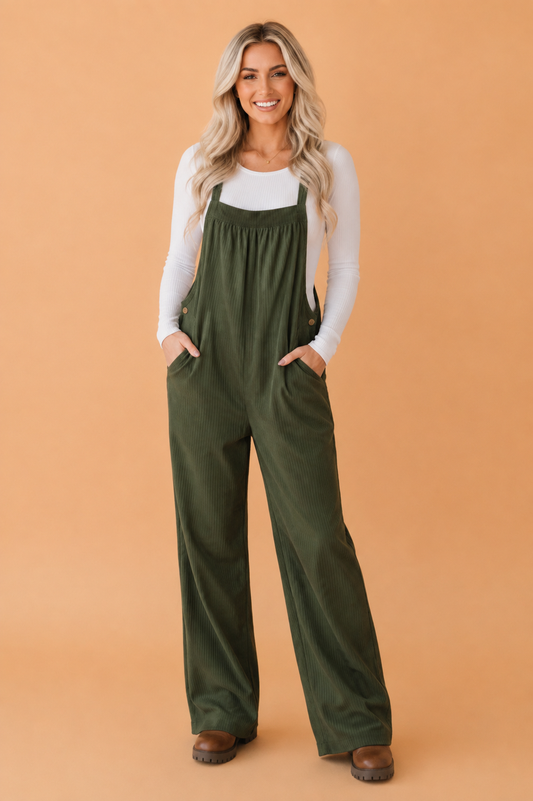 Solid Corduroy Buttoned Adjustable Straps Jumpsuit