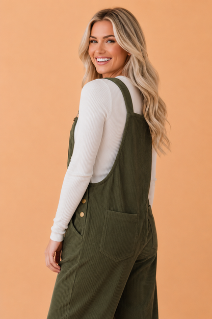 Solid Corduroy Buttoned Adjustable Straps Jumpsuit