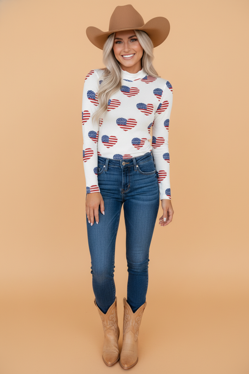 Americana Glitter Mesh Long Sleeve Bodysuit