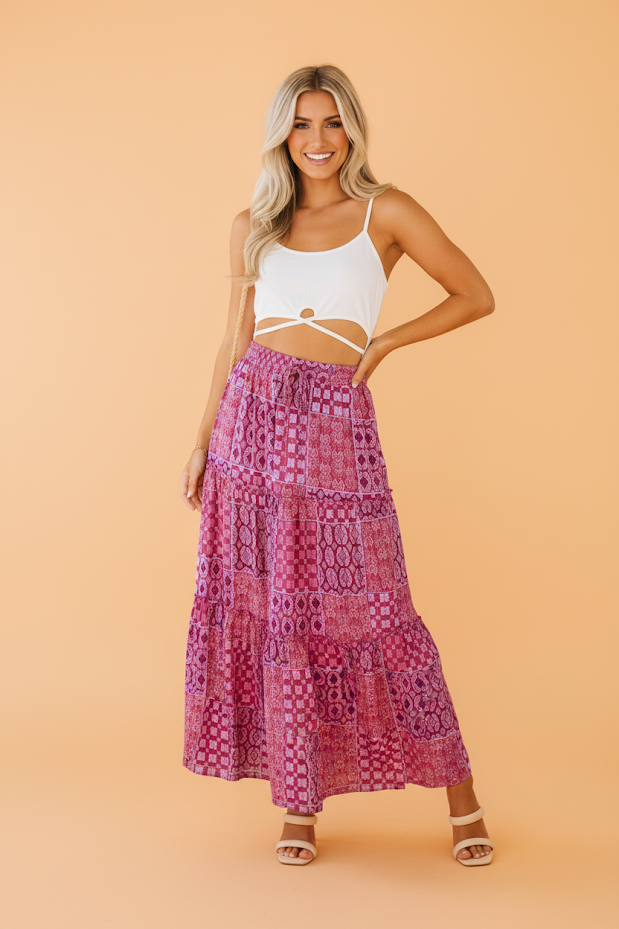 Paisley Ruffle Tiered Pocketed Maxi Skirt
