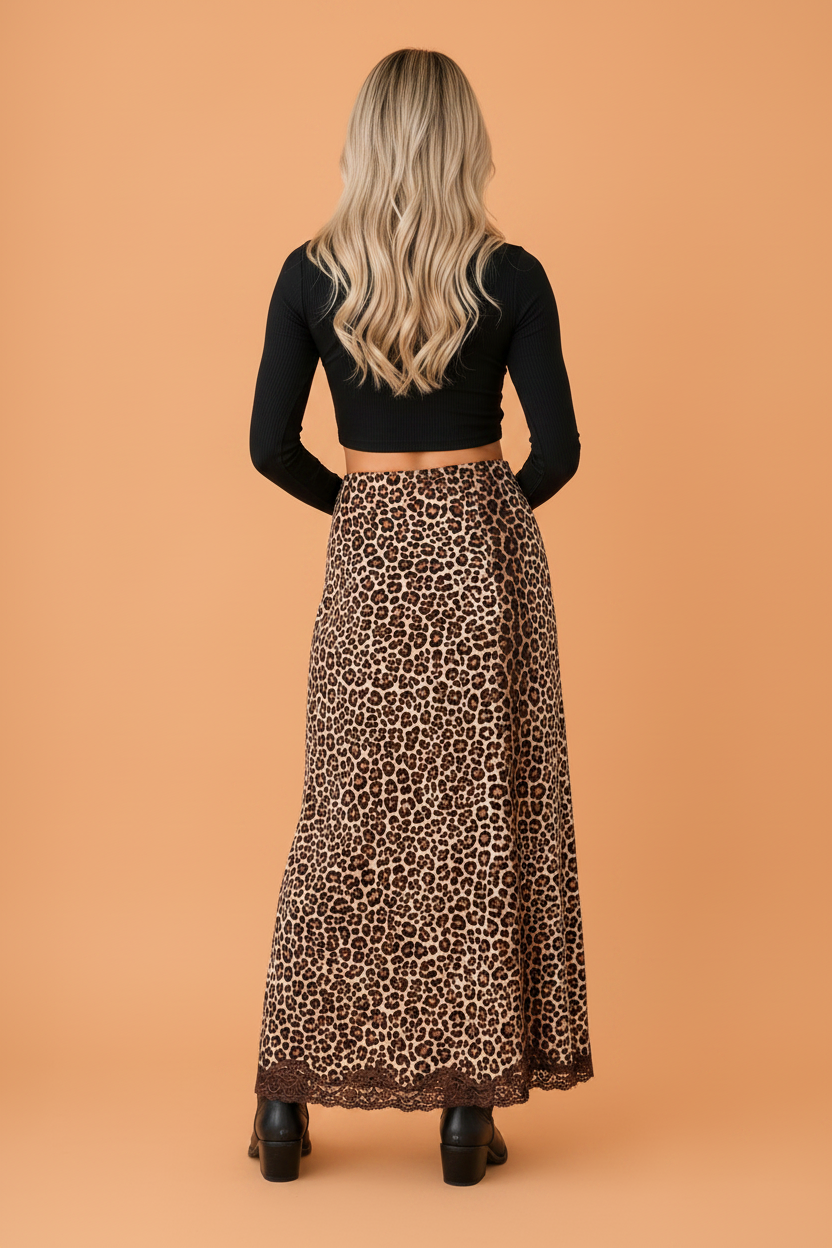 Floral & Cheetah Lace Trim Split Maxi Skirt