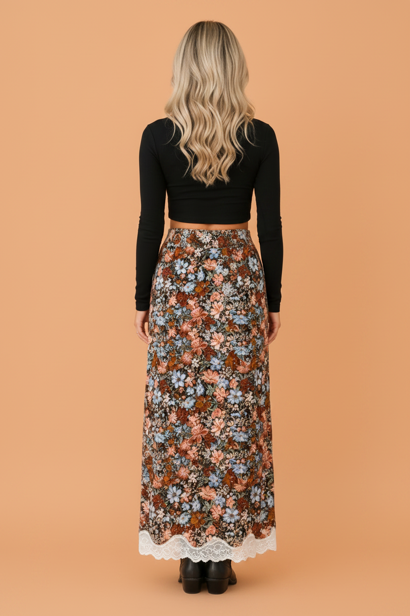 Floral & Cheetah Lace Trim Split Maxi Skirt