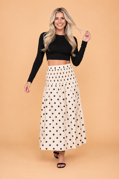 Polka Dot Smocked High Waist Midi Skirt