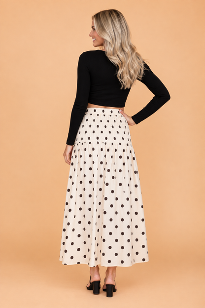 Polka Dot Smocked High Waist Midi Skirt