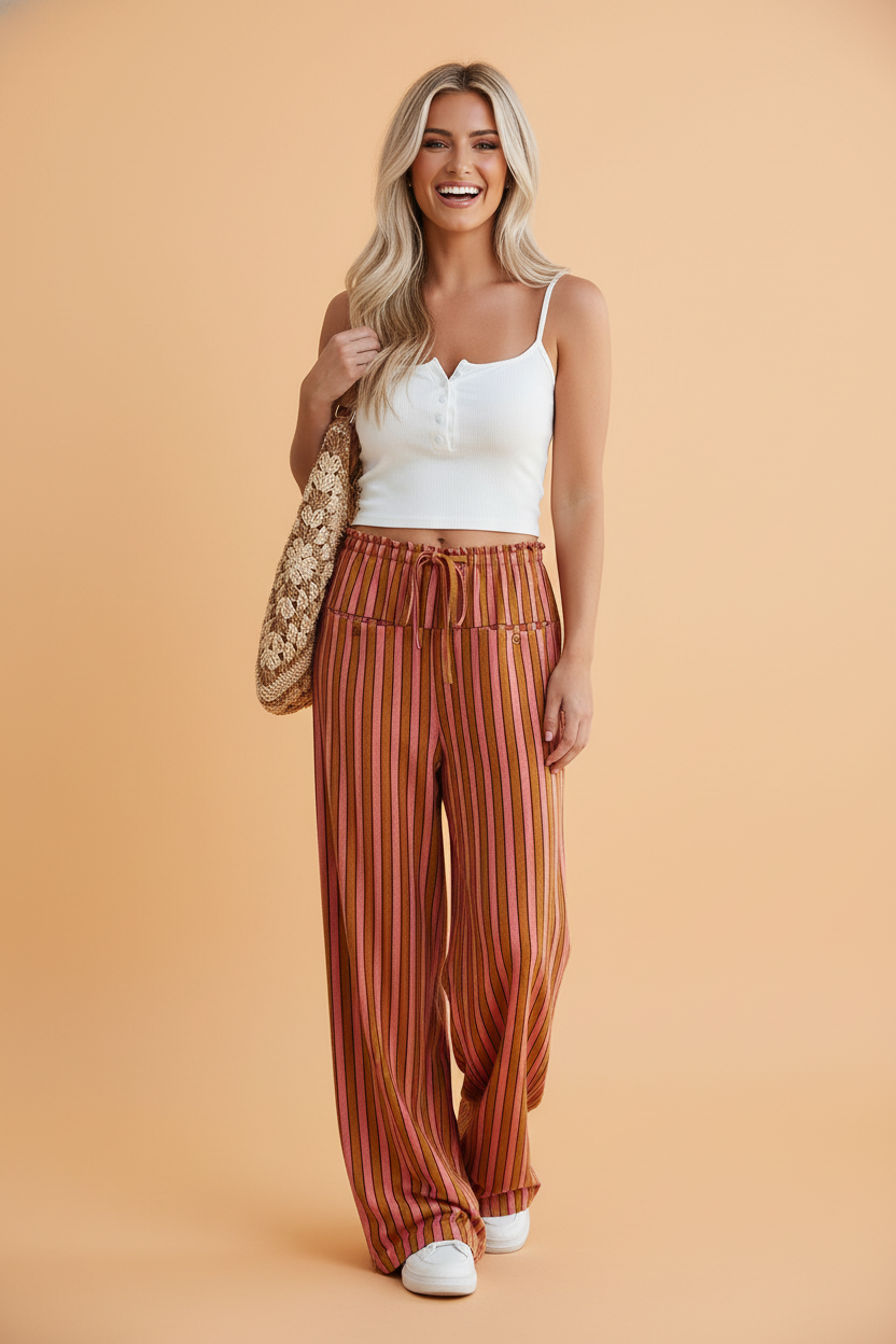 Stripe Tie Waist Buttoned Pocket Wide Leg Pants
