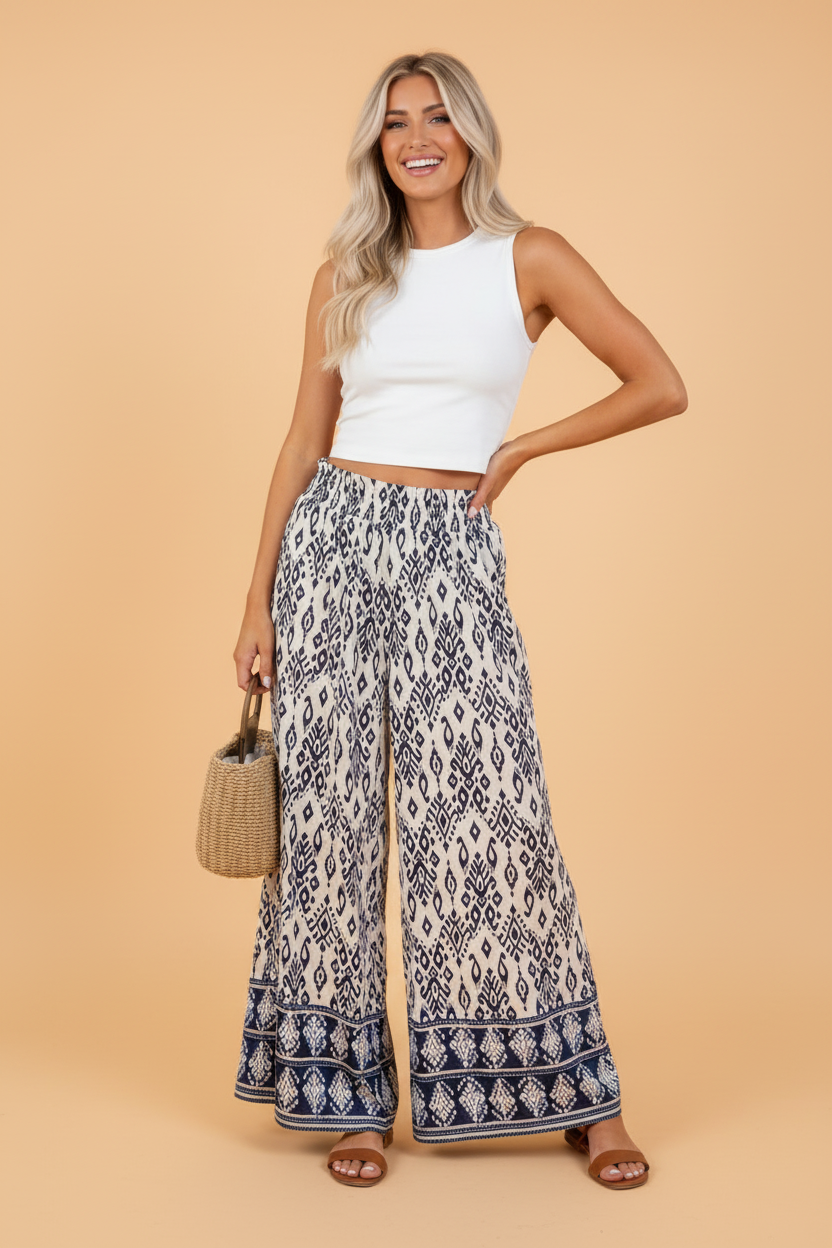 Boho Smocked High Waist Wide Leg Pants