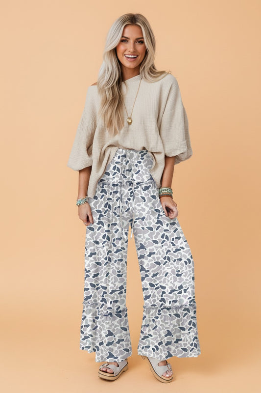 Camo Ruffle Wide Leg Drawstring Pants