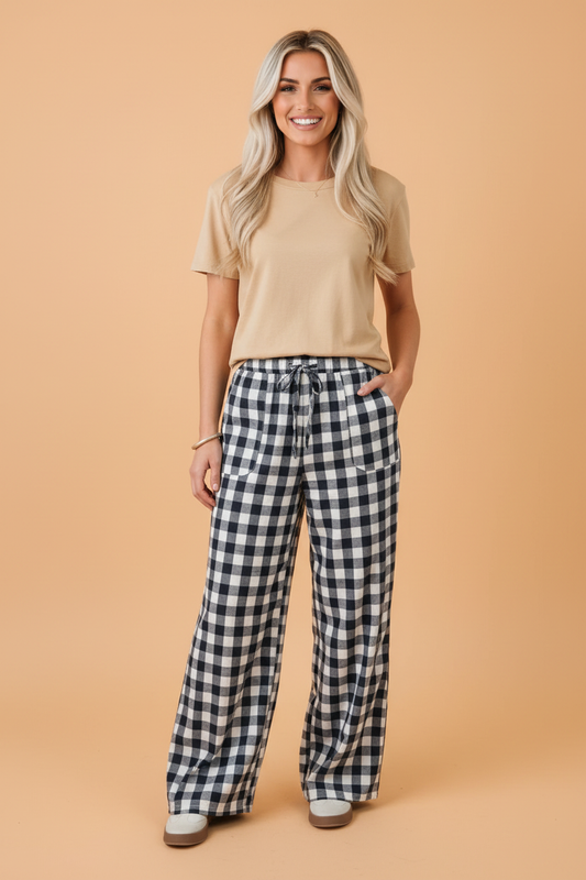 Gingham Elastic Waist Wide Leg Pants
