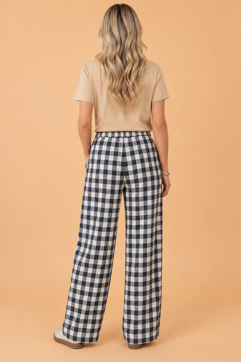 Gingham Elastic Waist Wide Leg Pants