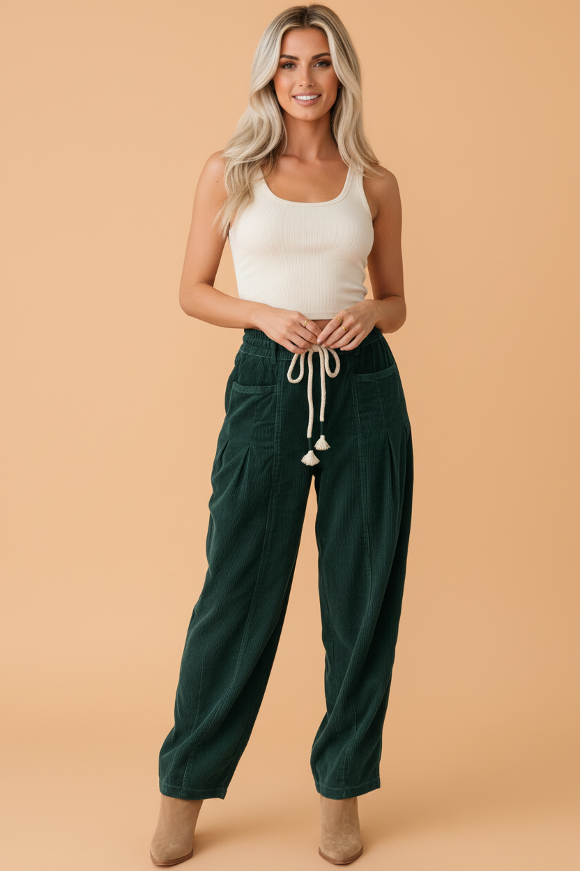 PRETTY BASH Solid Corduroy Drawstring Waist Pleated Barrel Pants