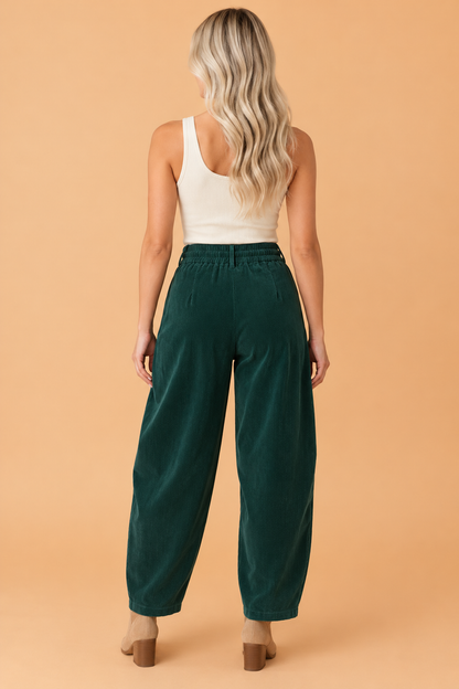 PRETTY BASH Solid Corduroy Drawstring Waist Pleated Barrel Pants