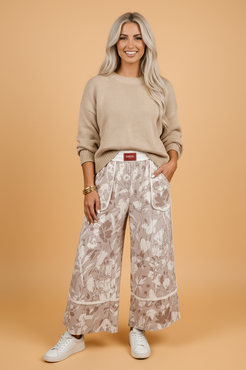 Floral Elastic Waist Wide Leg Pants
