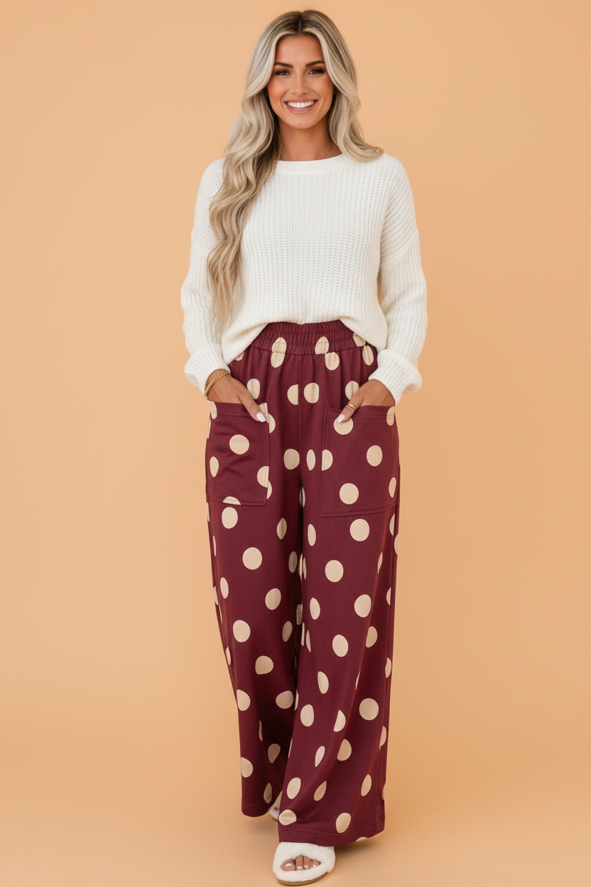 PRETTY BASH Polka Dot Elastic Waist Wide Leg Pants