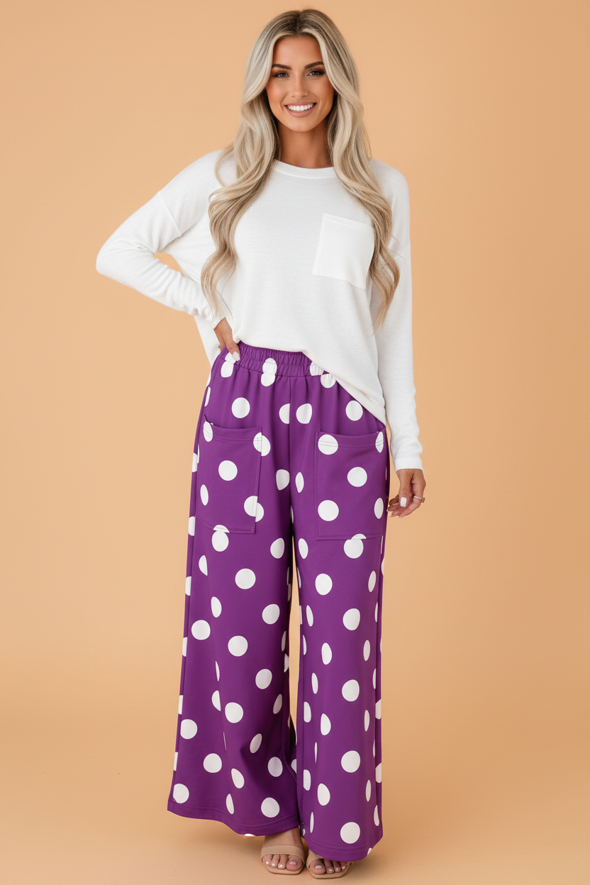 PRETTY BASH Polka Dot Elastic Waist Wide Leg Pants