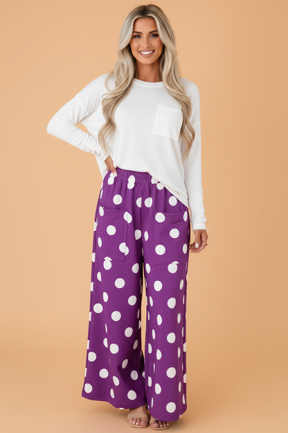 PRETTY BASH Polka Dot Elastic Waist Wide Leg Pants