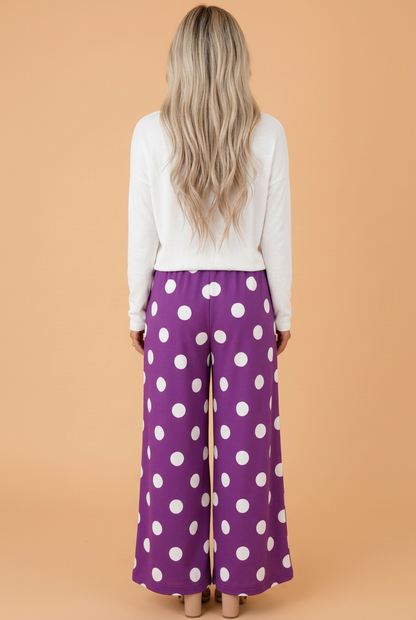 PRETTY BASH Polka Dot Elastic Waist Wide Leg Pants