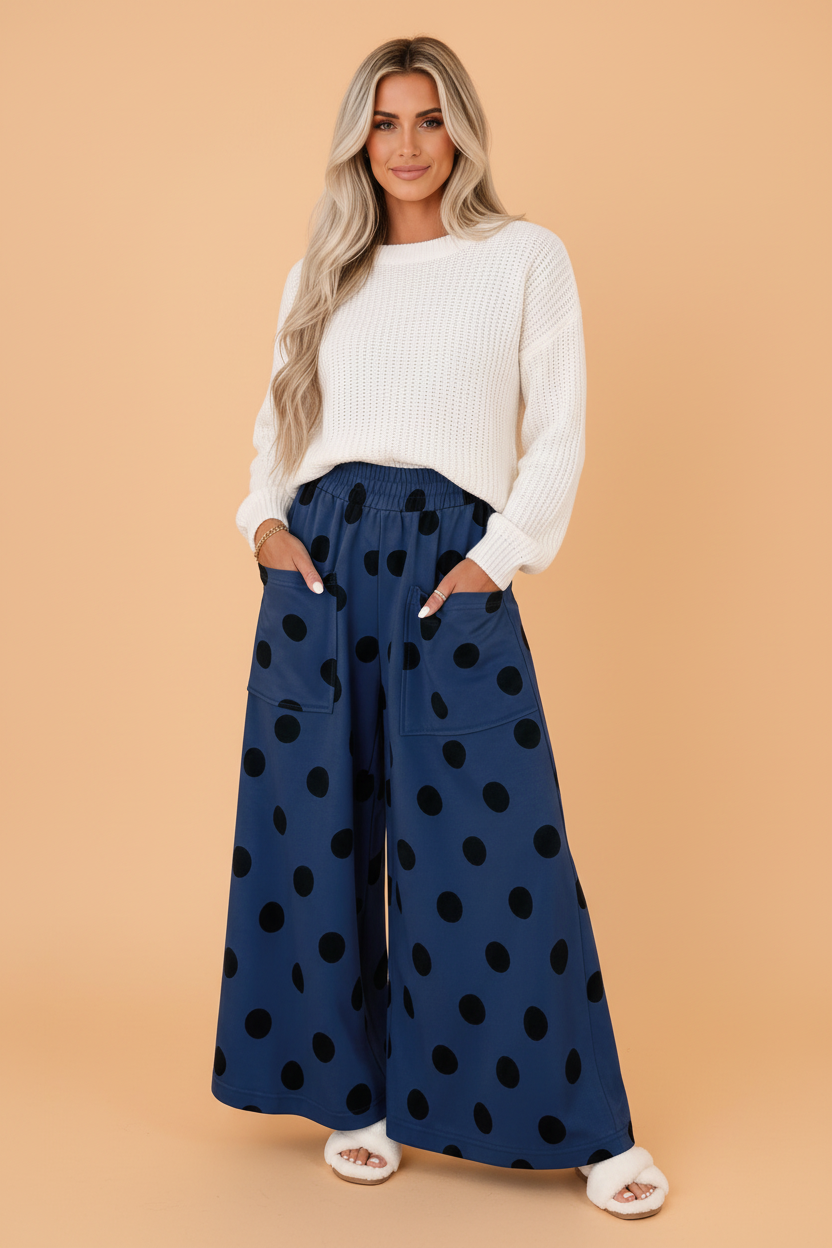 PRETTY BASH Polka Dot Elastic Waist Wide Leg Pants