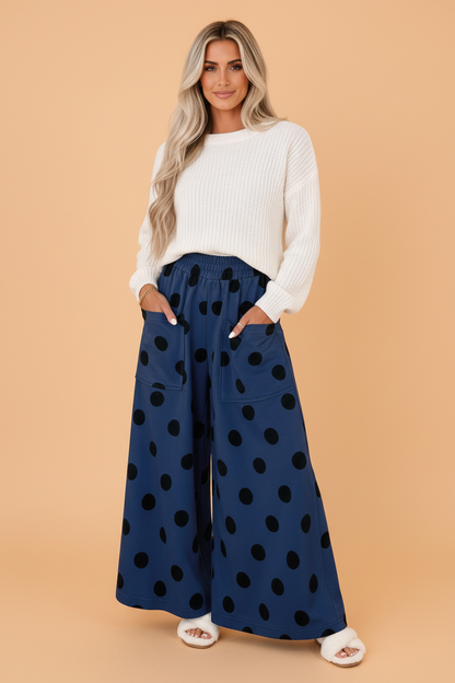 PRETTY BASH Polka Dot Elastic Waist Wide Leg Pants