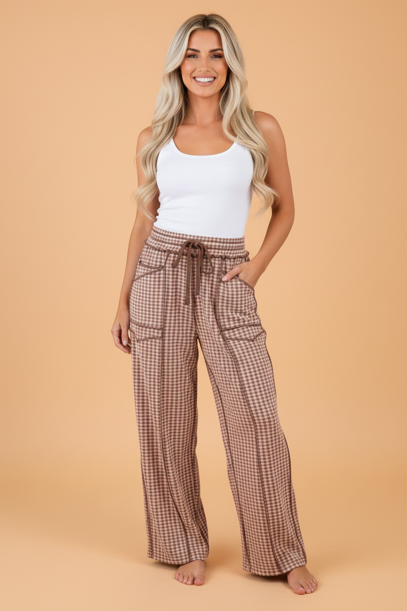 PRETTY BASH Gingham Exposed Seam Drawstring Elastic Waist Pants