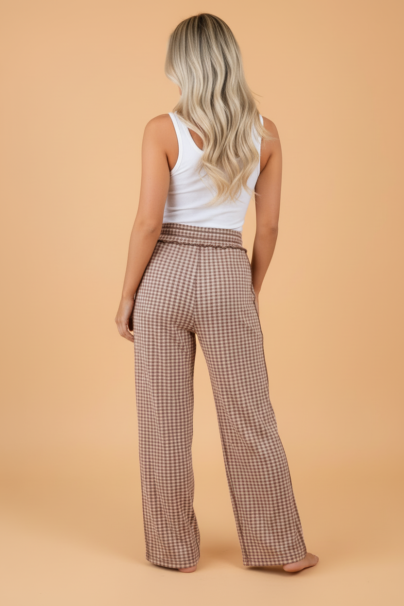 PRETTY BASH Gingham Exposed Seam Drawstring Elastic Waist Pants