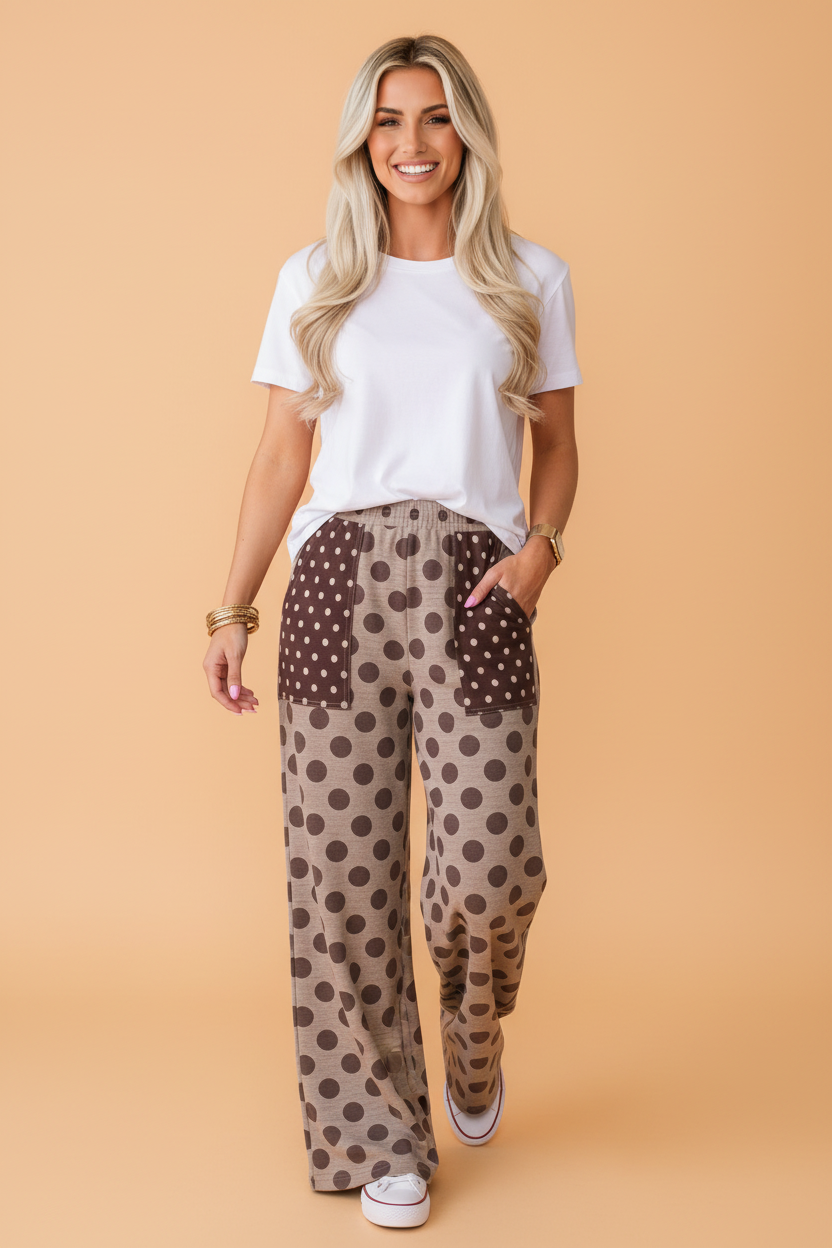PRETTY BASH Polka Dot Contrast Patch Pocket Elastic Waist Pants