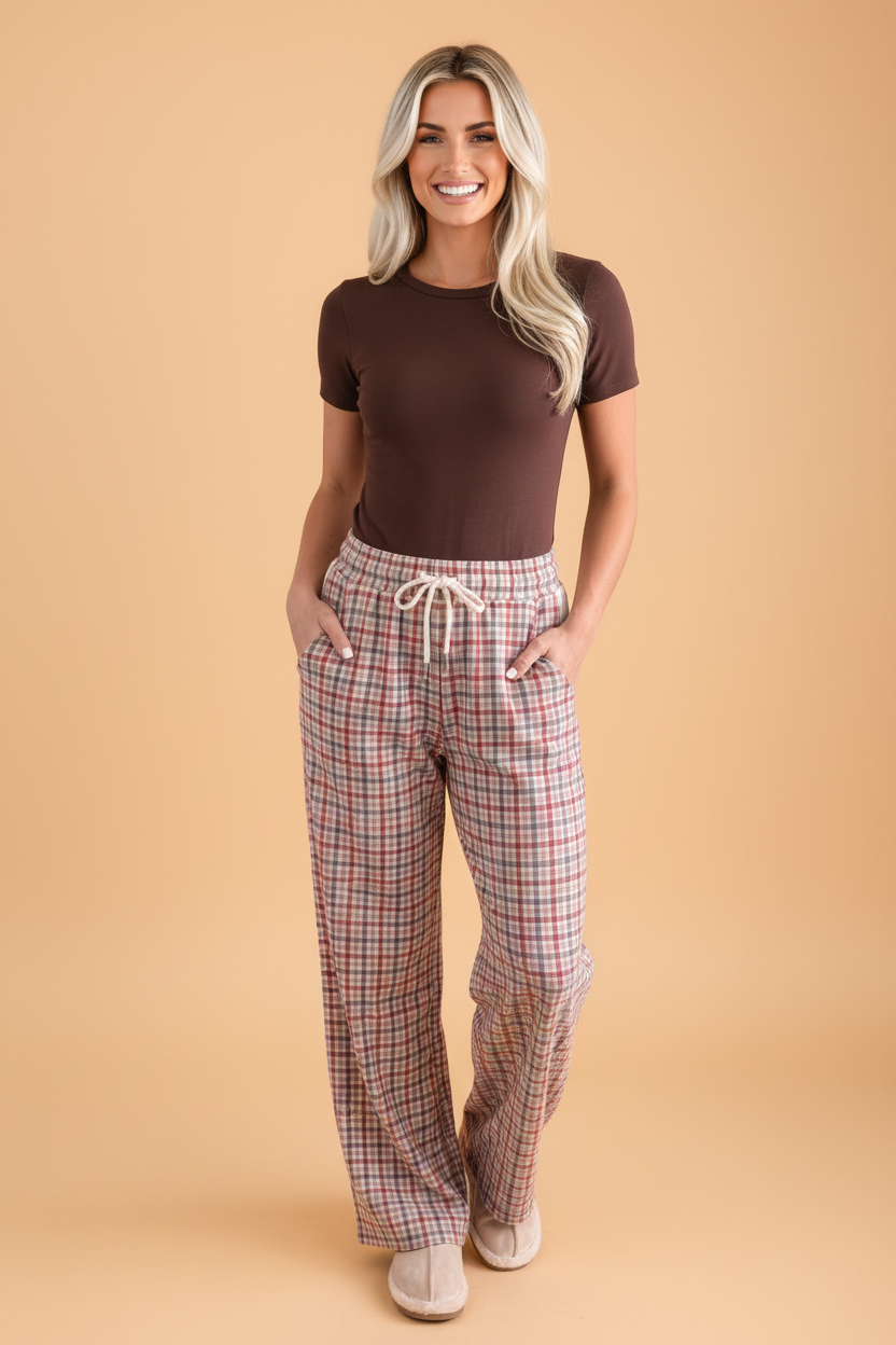 PRETTY BASH Plaid Drawstring Elastic Waist Pants