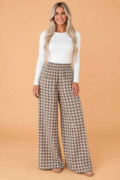 PRETTY BASH Plaid Patch Pocket Elastic Waist Wide Leg Pants