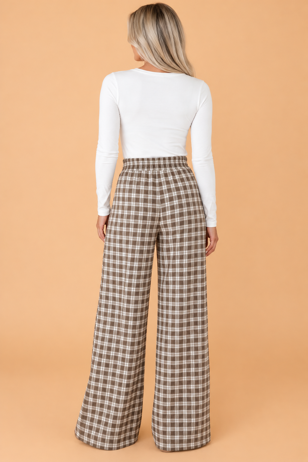 PRETTY BASH Plaid Patch Pocket Elastic Waist Wide Leg Pants