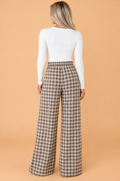 PRETTY BASH Plaid Patch Pocket Elastic Waist Wide Leg Pants