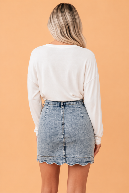 PRETTY BASH Denim Scalloped Hem Button Front Mini Skirt