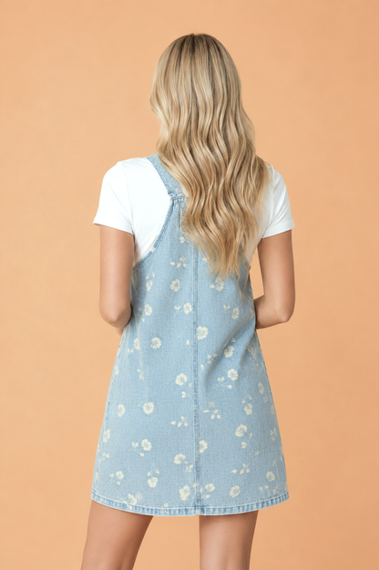 Floral Denim Patch Pocket Overall Mini Dress
