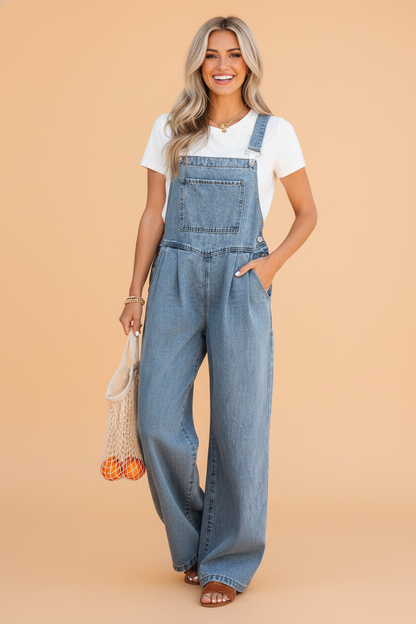 Pleated Wide Leg Pocketed Denim Jumpsuit