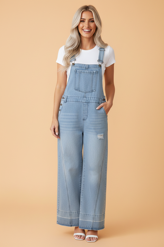 Distressed Denim Adjustable Straps Overall Jumpsuit