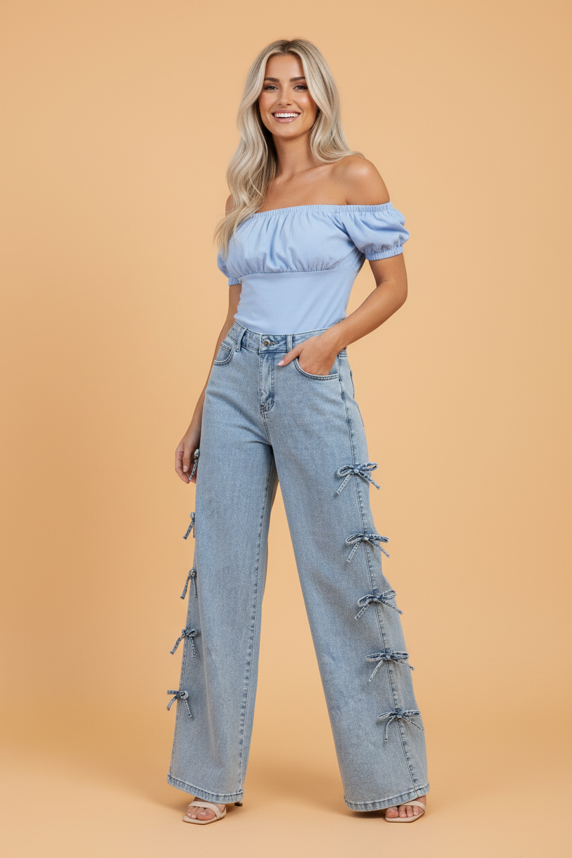 Denim Bow Side Straight Leg Jeans