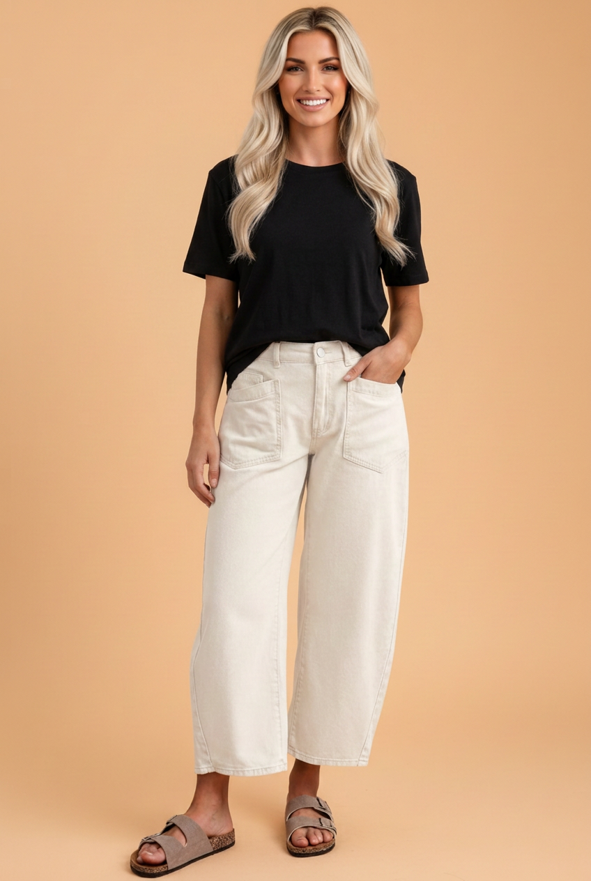 PRETTY BASH Solid Patch Pocket Ankle Length Barrel Jeans