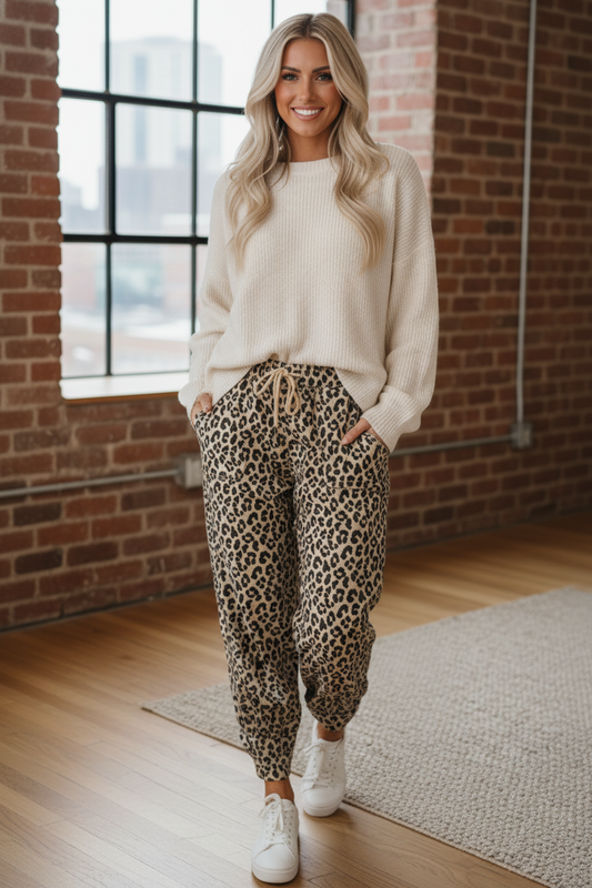 Leopard Denim Drawstring Elastic Waist Loose Pants