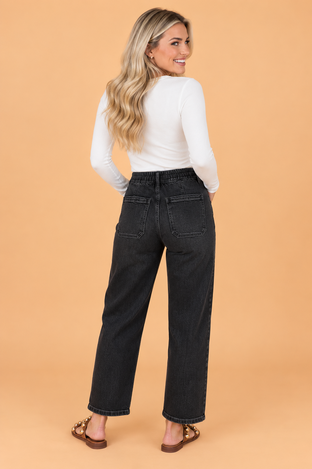 Solid Denim Drawstring Waist Pocketed Pants