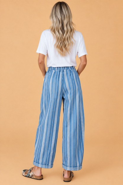 Stripe Drawstring High Waist Pleated Barrel Jeans