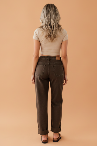 Solid Denim Studded Side Seam Straight Leg Jeans