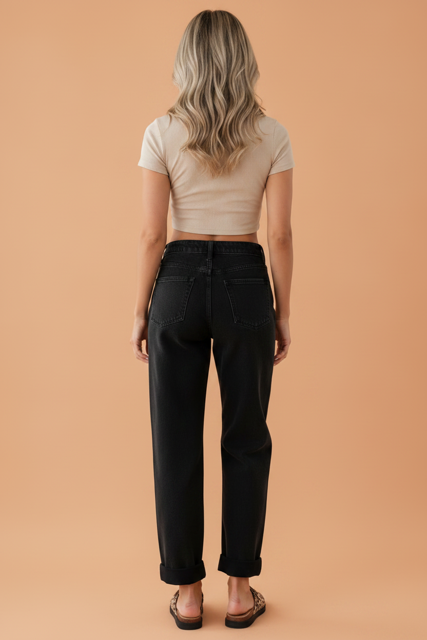 Solid Denim Studded Side Seam Straight Leg Jeans