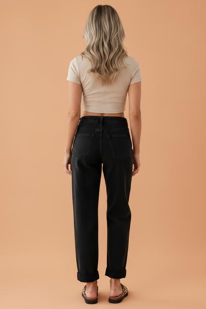 Solid Denim Studded Side Seam Straight Leg Jeans