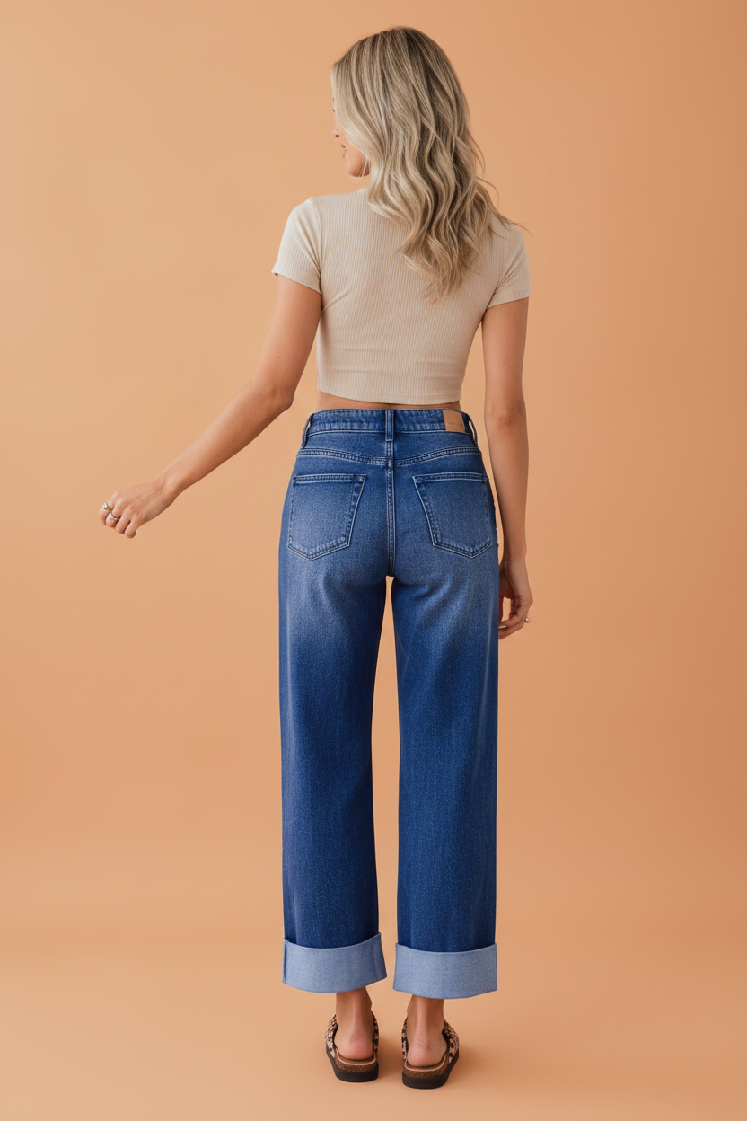 Solid Denim Studded Side Seam Straight Leg Jeans