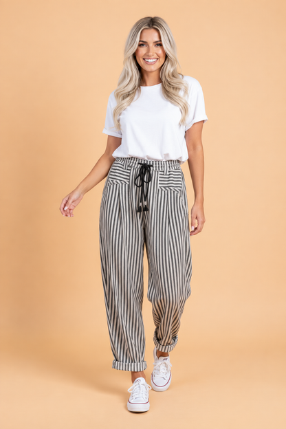 Stripe High Waist Drawstring Loose Pants