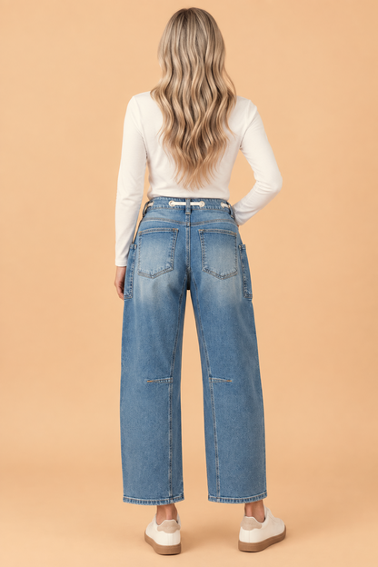Mineral Wash Grommet Tie Waist Barrel Jeans