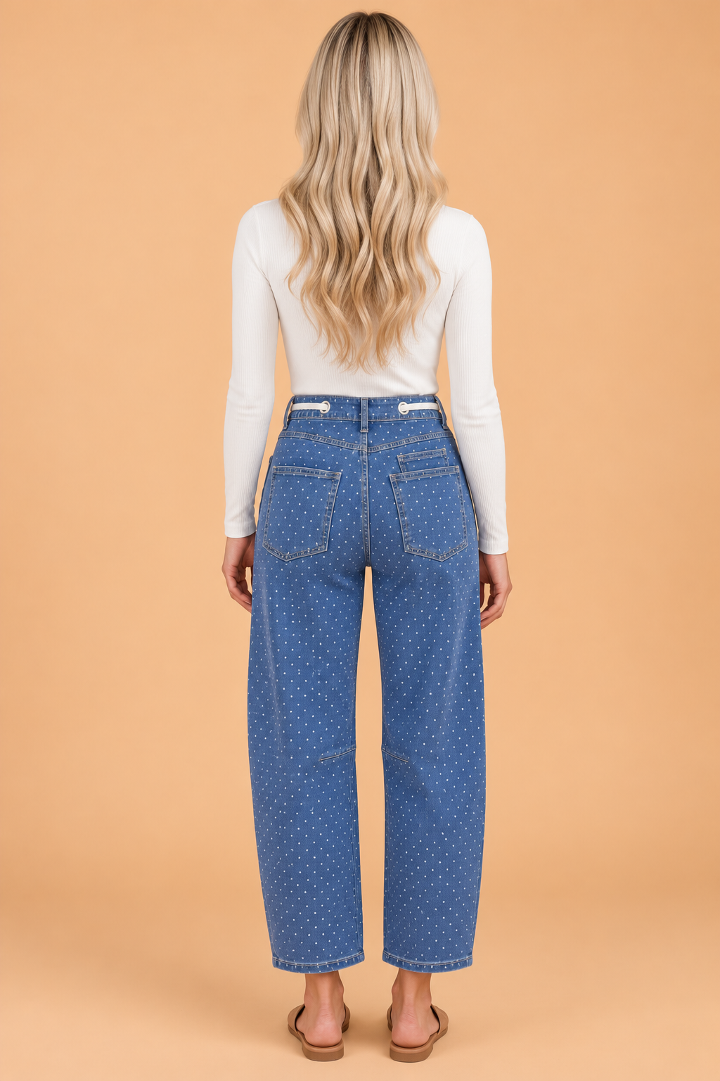 PRETTY BASH Polka Dot Denim Drawstring High Waist Barrel Jeans