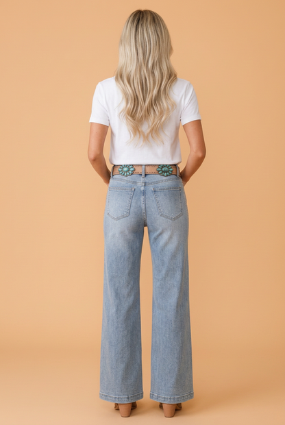 PRETTY BASH Western Rhinestone Embellished Wide Leg Jeans