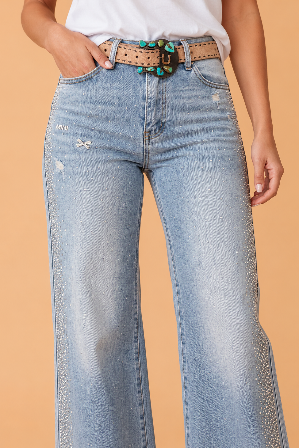 PRETTY BASH Western Rhinestone Embellished Wide Leg Jeans