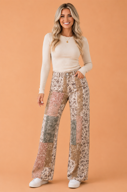 Western Print High Waist Wide Leg Jeans