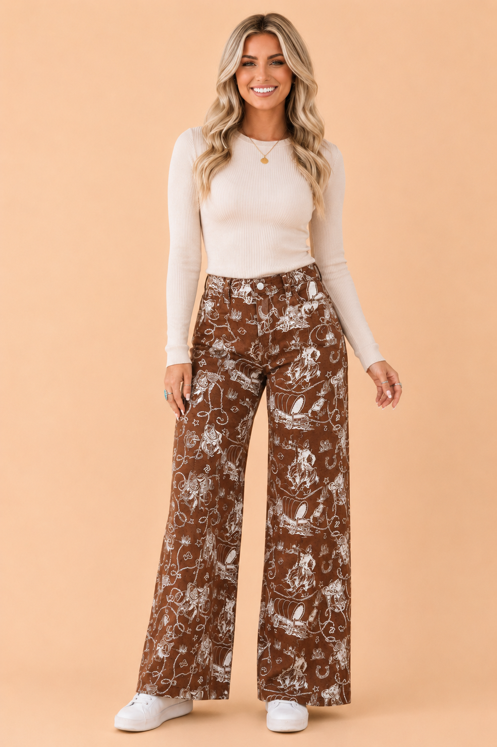 Western Print High Waist Wide Leg Jeans