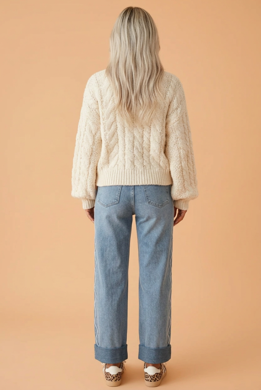 PRETTY BASH Solid Denim Scalloped Side Seam Mid Rise Jeans